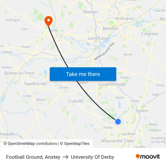 Football Ground, Anstey to University Of Derby map