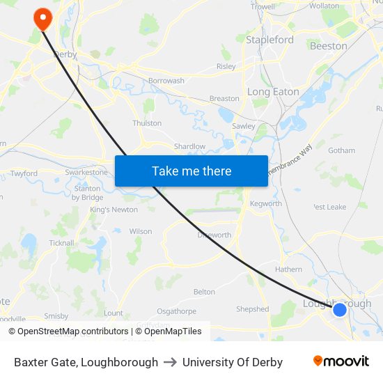 Baxter Gate, Loughborough to University Of Derby map