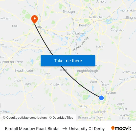 Birstall Meadow Road, Birstall to University Of Derby map