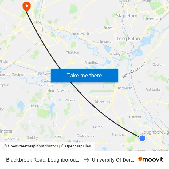 Blackbrook Road, Loughborough to University Of Derby map