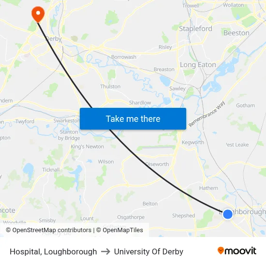 Hospital, Loughborough to University Of Derby map