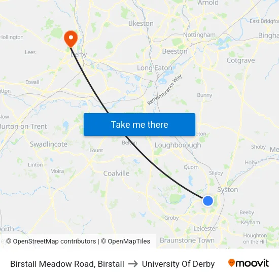 Birstall Meadow Road, Birstall to University Of Derby map