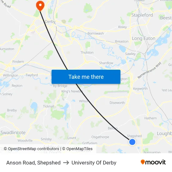 Anson Road, Shepshed to University Of Derby map