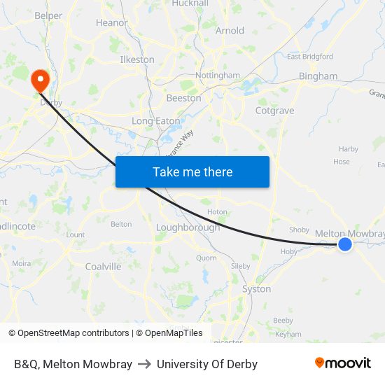B&Q, Melton Mowbray to University Of Derby map