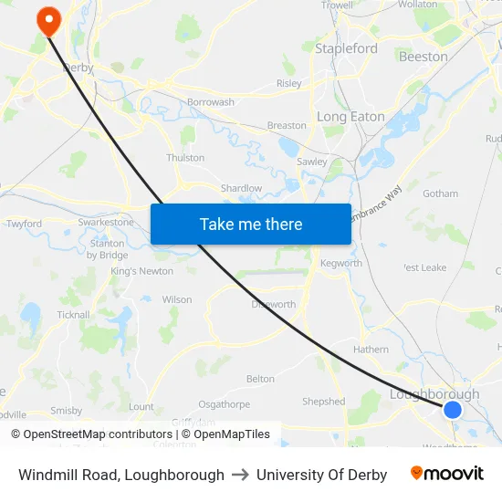 Windmill Road, Loughborough to University Of Derby map