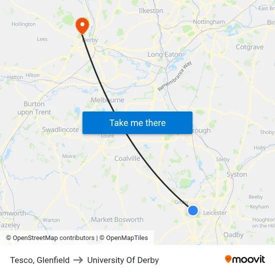 Tesco, Glenfield to University Of Derby map