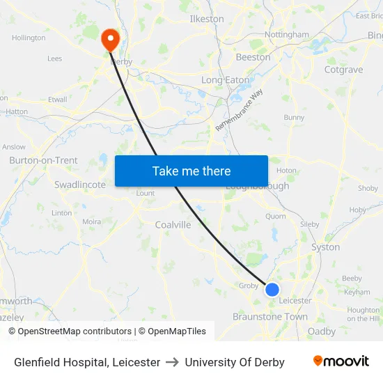 Glenfield Hospital, Leicester to University Of Derby map