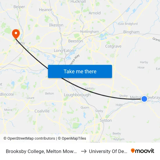 Brooksby College, Melton Mowbray to University Of Derby map