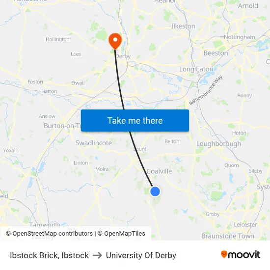 Ibstock Brick, Ibstock to University Of Derby map