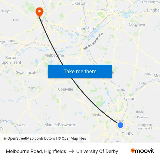 Melbourne Road, Highfields to University Of Derby map
