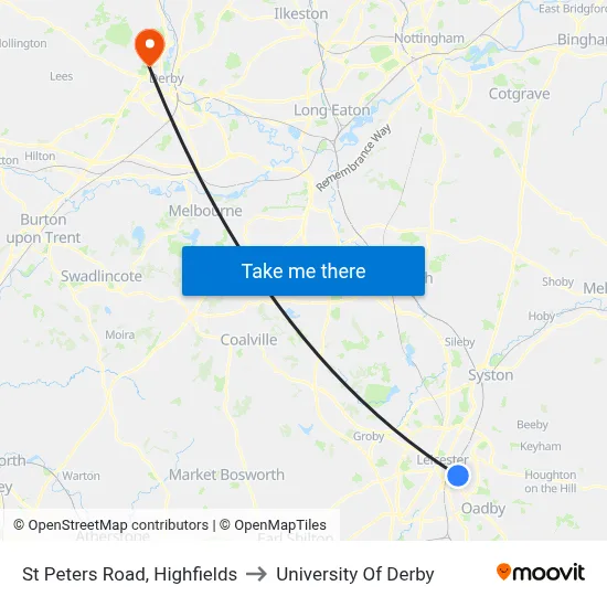 St Peters Road, Highfields to University Of Derby map