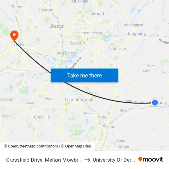 Crossfield Drive, Melton Mowbray to University Of Derby map