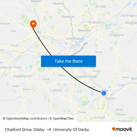 Chalfont Drive, Sileby to University Of Derby map