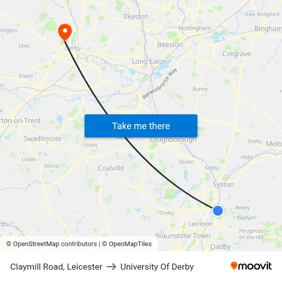 Claymill Road, Leicester to University Of Derby map