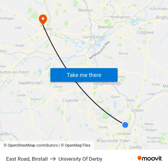 East Road, Birstall to University Of Derby map