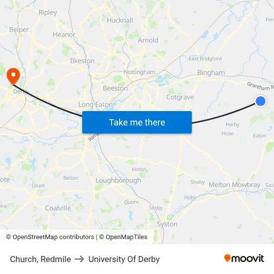 Church, Redmile to University Of Derby map