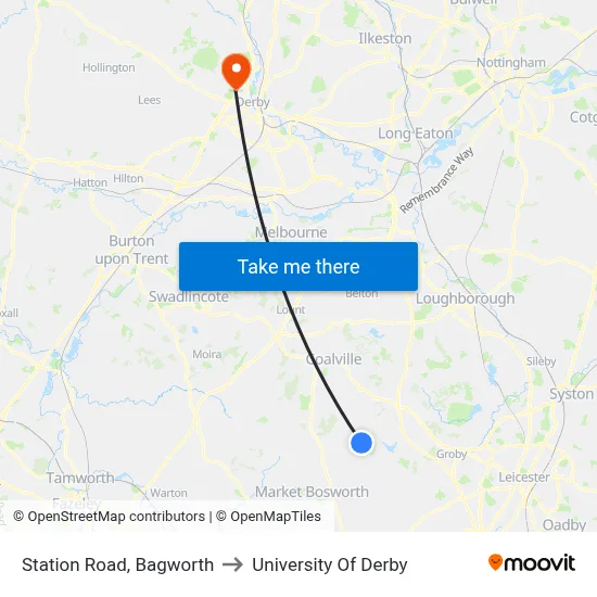 Station Road, Bagworth to University Of Derby map