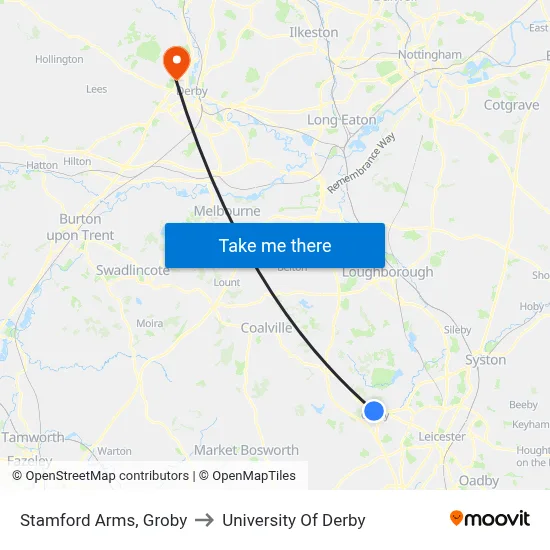Stamford Arms, Groby to University Of Derby map