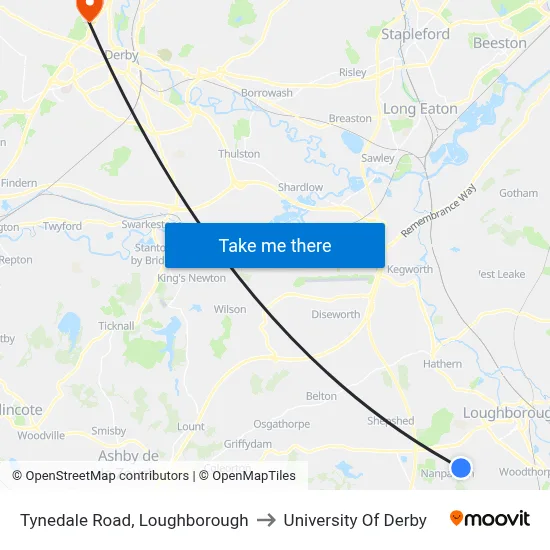 Tynedale Road, Loughborough to University Of Derby map