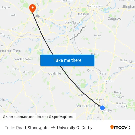 Toller Road, Stoneygate to University Of Derby map