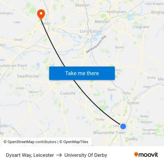 Dysart Way, Leicester to University Of Derby map