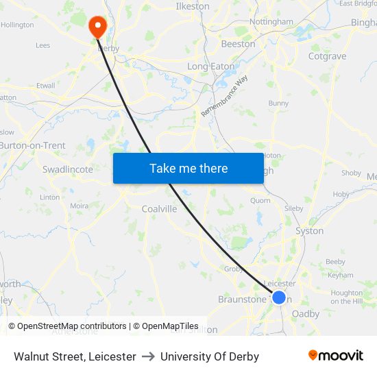 Walnut Street, Leicester to University Of Derby map