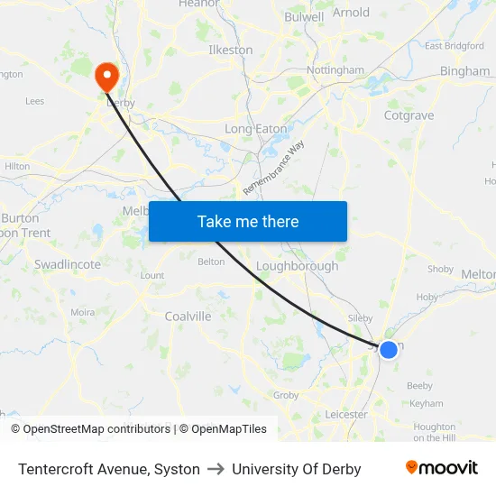 Tentercroft Avenue, Syston to University Of Derby map