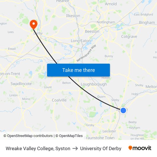 Wreake Valley College, Syston to University Of Derby map