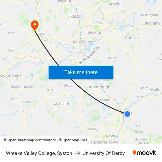Wreake Valley College, Syston to University Of Derby map
