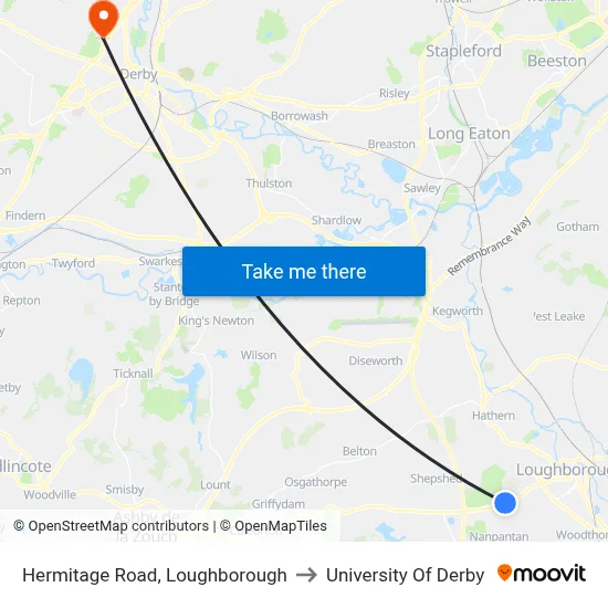 Hermitage Road, Loughborough to University Of Derby map