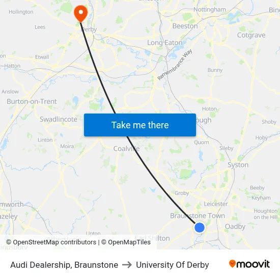 Audi Dealership, Braunstone to University Of Derby map