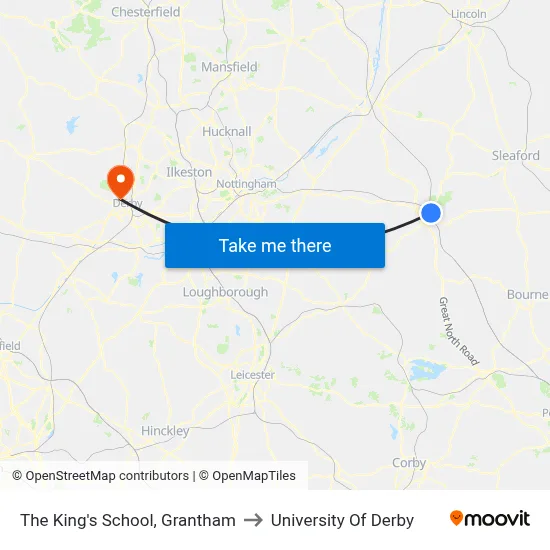 The King's School, Grantham to University Of Derby map