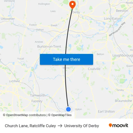 Church Lane, Ratcliffe Culey to University Of Derby map