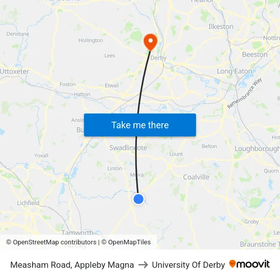 Measham Road, Appleby Magna to University Of Derby map