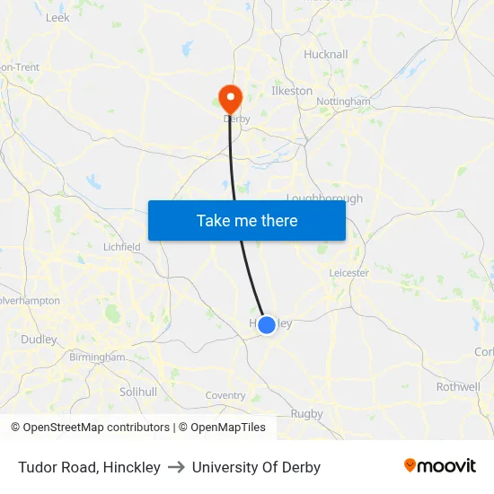 Tudor Road, Hinckley to University Of Derby map