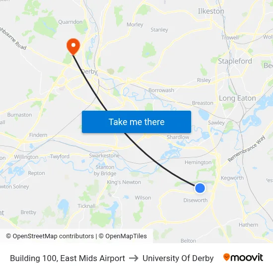Building 100, East Mids Airport to University Of Derby map