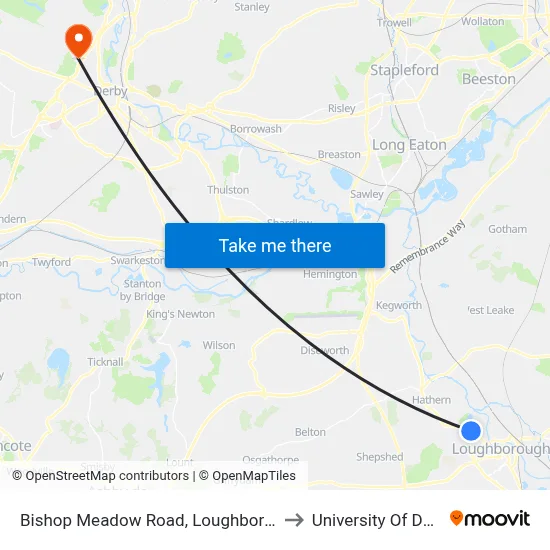 Bishop Meadow Road, Loughborough to University Of Derby map