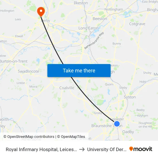 Royal Infirmary Hospital, Leicester to University Of Derby map