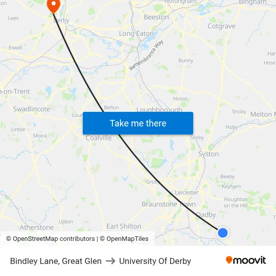 Bindley Lane, Great Glen to University Of Derby map