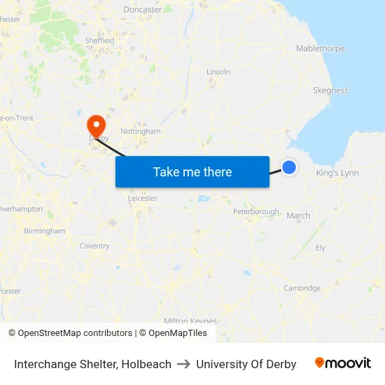 Interchange Shelter, Holbeach to University Of Derby map