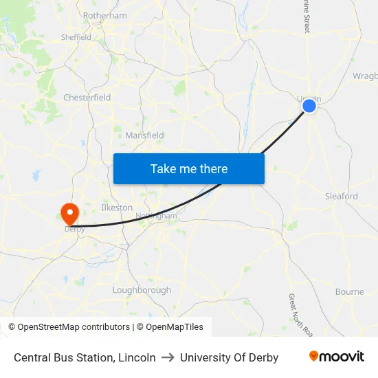 Central Bus Station, Lincoln to University Of Derby map