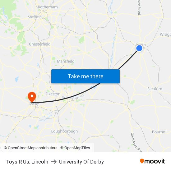 Toys R Us, Lincoln to University Of Derby map