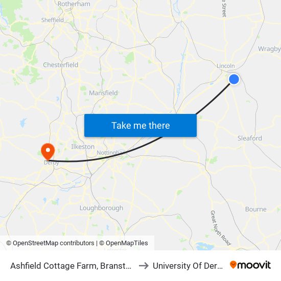 Ashfield Cottage Farm, Branston to University Of Derby map