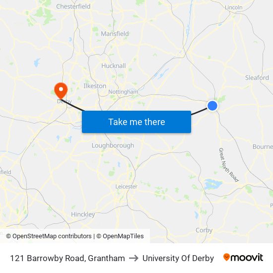 121 Barrowby Road, Grantham to University Of Derby map