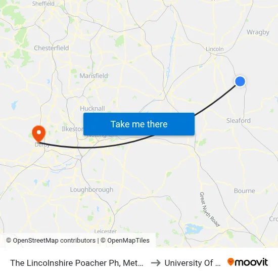 The Lincolnshire Poacher Ph, Metheringham to University Of Derby map
