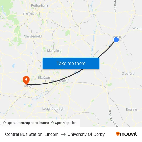 Central Bus Station, Lincoln to University Of Derby map