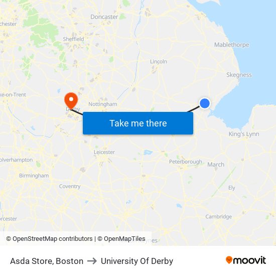 Asda Store, Boston to University Of Derby map