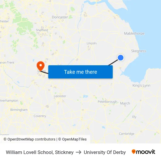 William Lovell School, Stickney to University Of Derby map