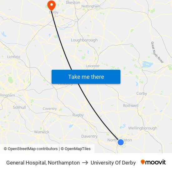 General Hospital, Northampton to University Of Derby map