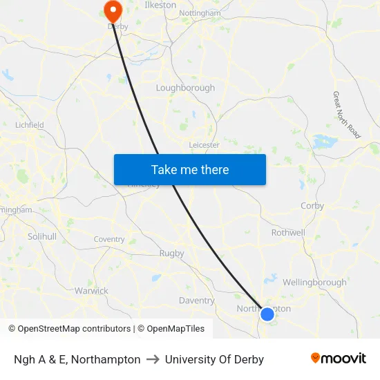 Ngh A & E, Northampton to University Of Derby map
